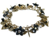 OOAK Secret Garden CHARM BRACELET, in Antique Gold, with Swarovski Crystal Beads in Black & Crystal, Lucite Flowers, Antique Gold Charms