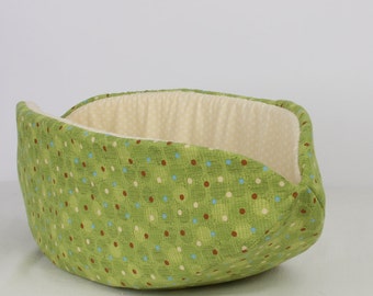 The Cat Canoe Modern Pet Bed design made in Green Polka Dots Cotton Fabric