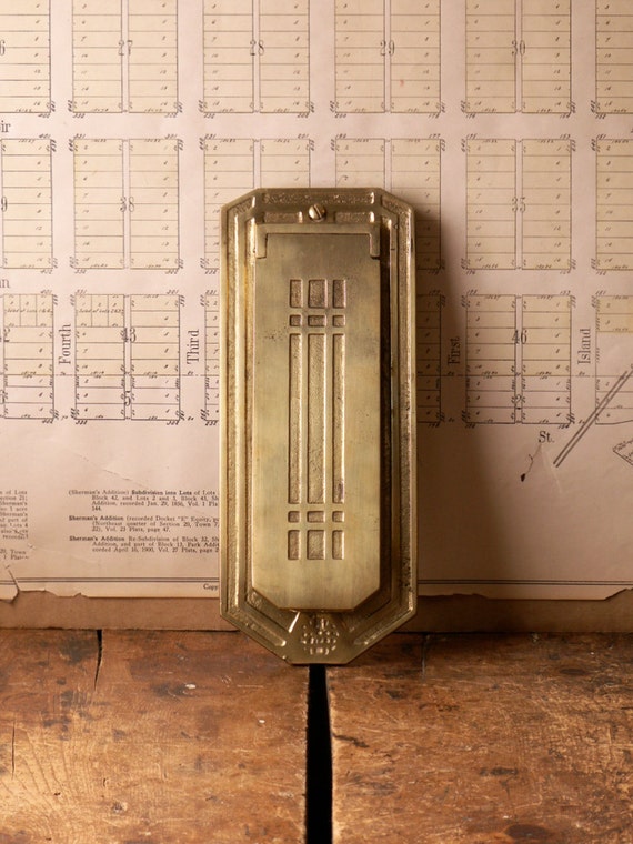 Vintage Vertical Brass Mail Slot Arts & Crafts Mission