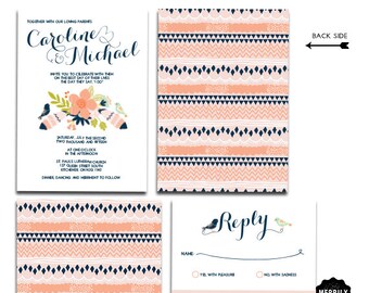 Pink, Peach, Mint and Navy Wedding Invitation Set with Whimsical Feathers and Love Birds | Personalized Wedding Set, Fully Customized