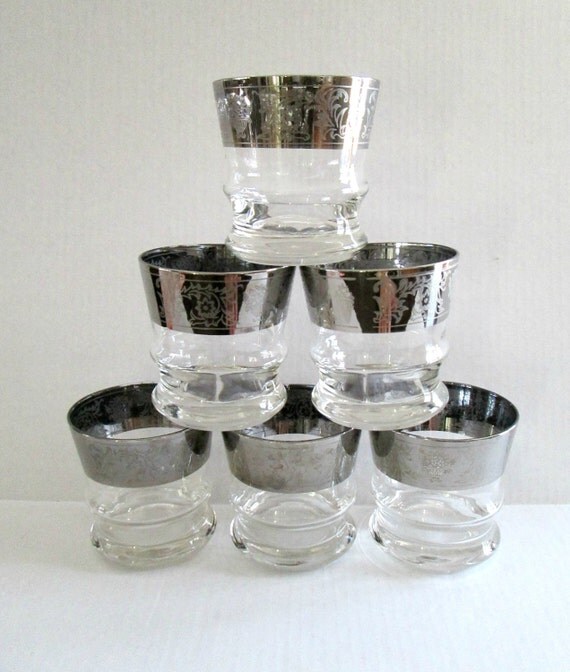 Silver Etched Glass Bar Glasses Barware Mid by looseendsvintage
