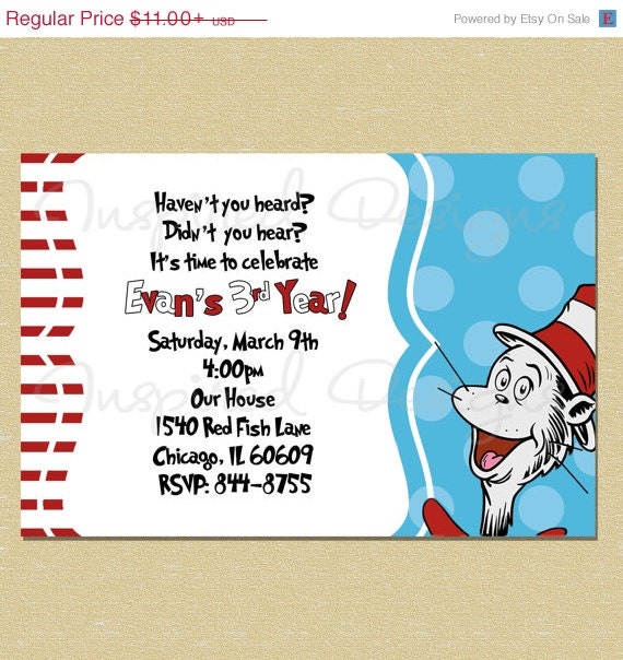 ON SALE Dr. Suess Cat in the Hat- Birthday Invitation - Any Age Il_570xn