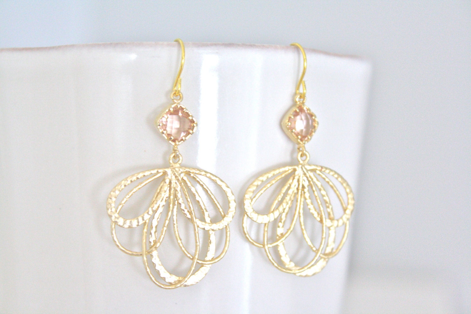 Blush Wedding Dangle Earring Gold Filigree Chandelier Earrings