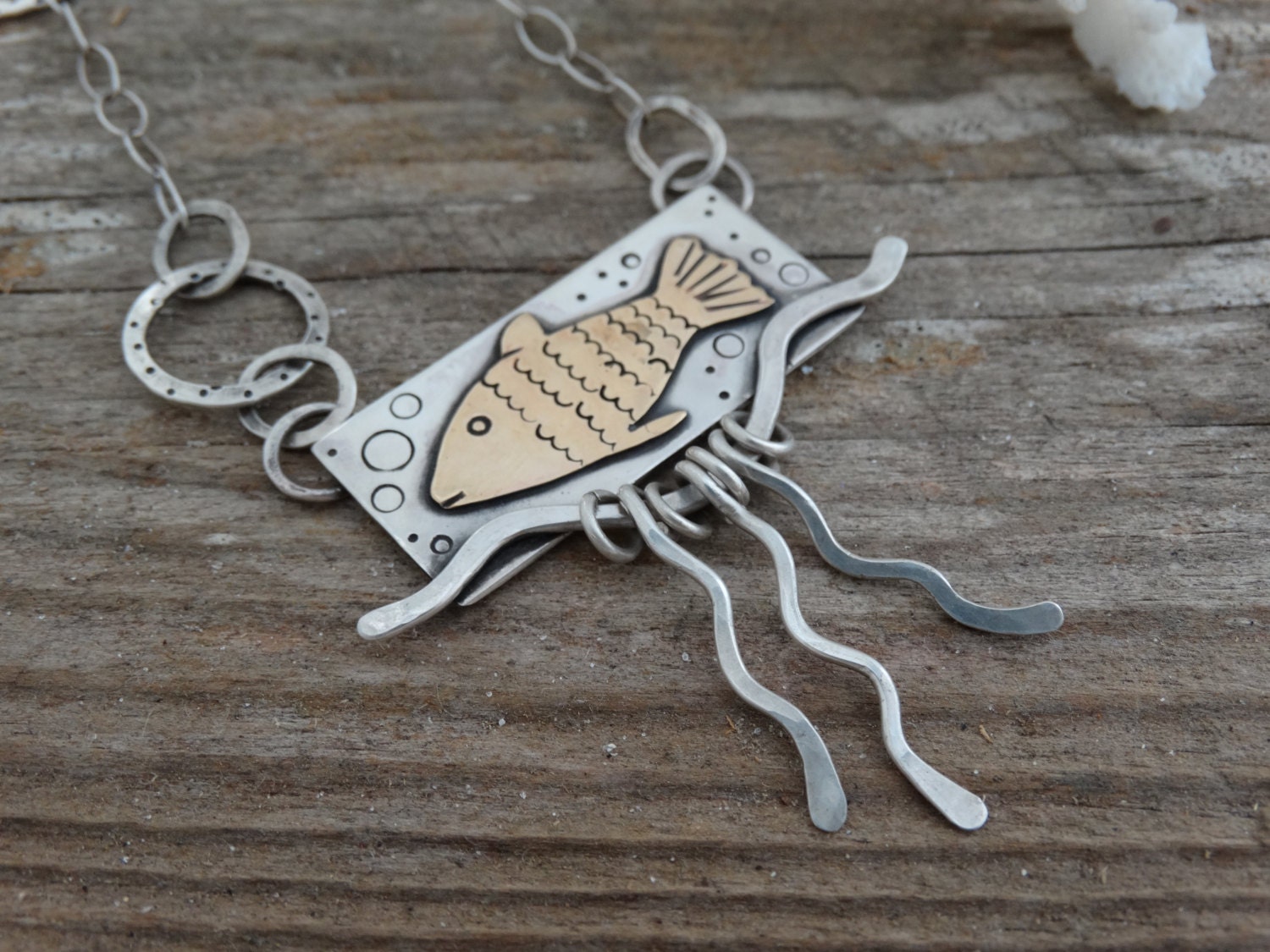 Sterling silver Fish Necklace hand fabricatedmixed