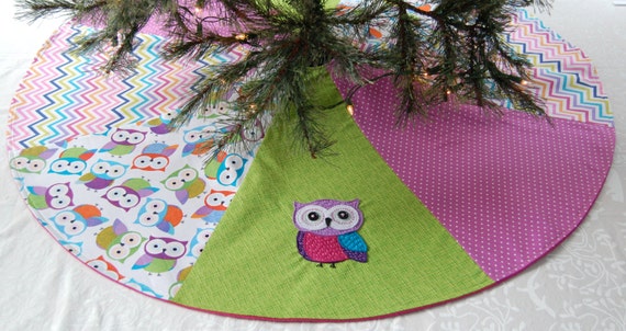 Owl CHRISTMAS TREE SKIRT green and purple Holiday Decor Owl Christmas Decorations christmas gifts under 50 felt owl decoration