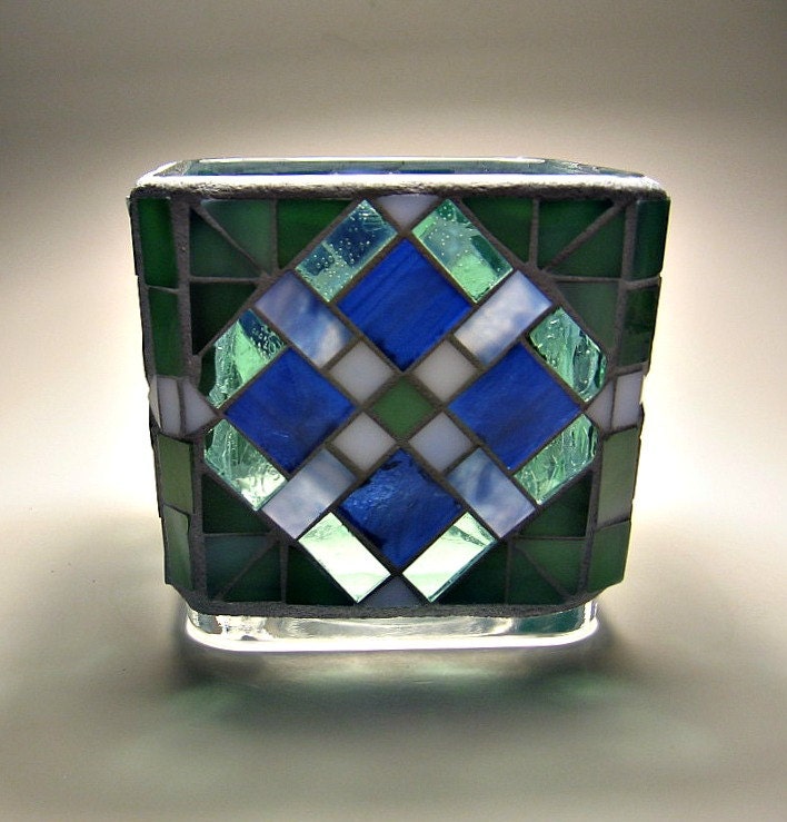 Stained glass mosaic votive candle holder by threesisterscandles