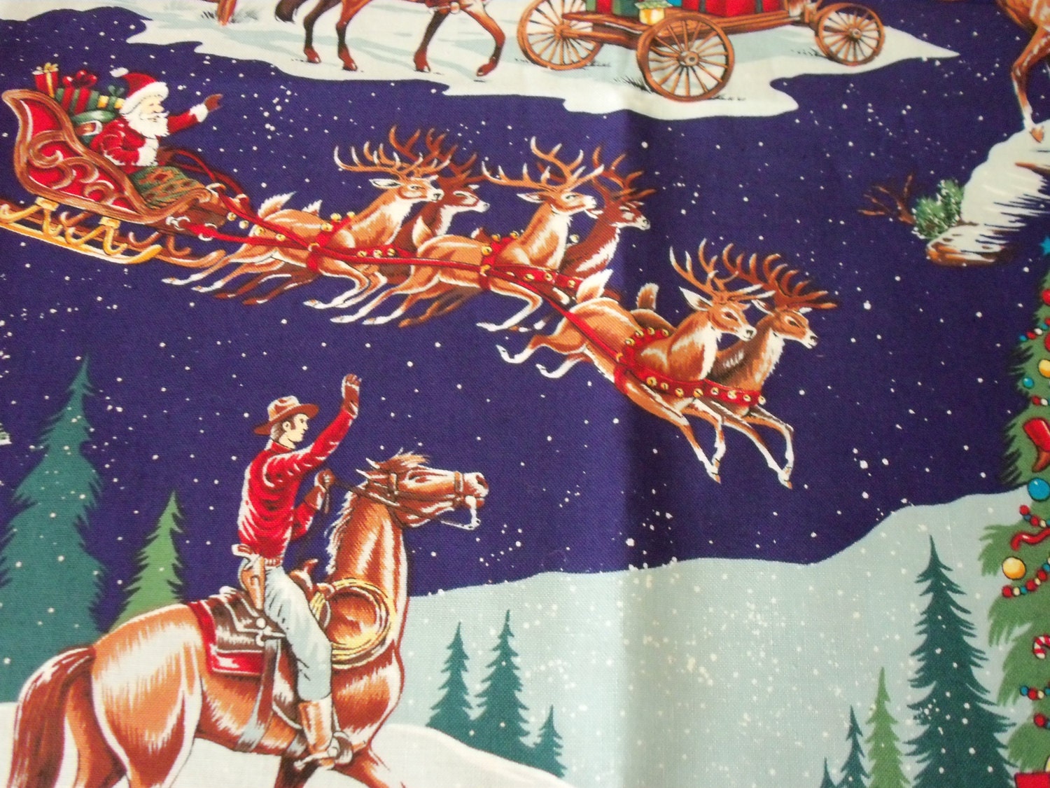 Cowboy Christmas Fabric Santa Campfire Chuckwagon Starry Nite