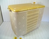 Vintage Spring Yellow & Ivory Wicker Wooden Clothes Hamper - Early Petite Burlington Basket Hawkeye Laundry Bin - Shabby Chic Storage Basket Vintage Spring Yellow & Ivory Wicker Wooden Clothes Hamper - Early Petite Burlington Basket Hawkeye Laundry Bin - Shabby Chic Storage Basket