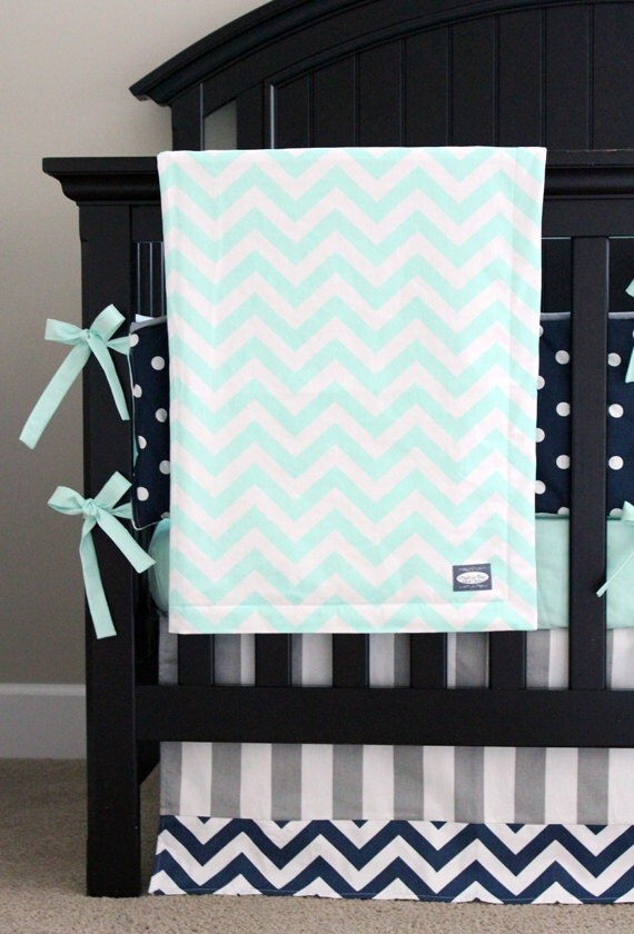 Mint Navy Grey Baby Crib Bedding Set Polka dot Chevron