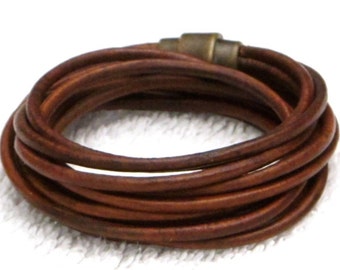 Natural Saddle, Skinny Leather, Wrap Bracelet, antique brass or silver secure magnet, skinny leather cord, elegant, fun, casual, classy