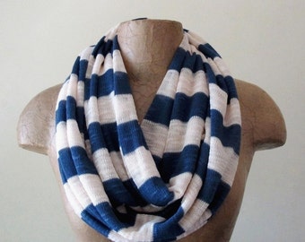 NAUTICAL Scarf - Striped Sailor Infinity Scarf - Sweater Scarf with Stripes - Navy Blue and Ivory Loop Scarf - Striped Eternity Scarf