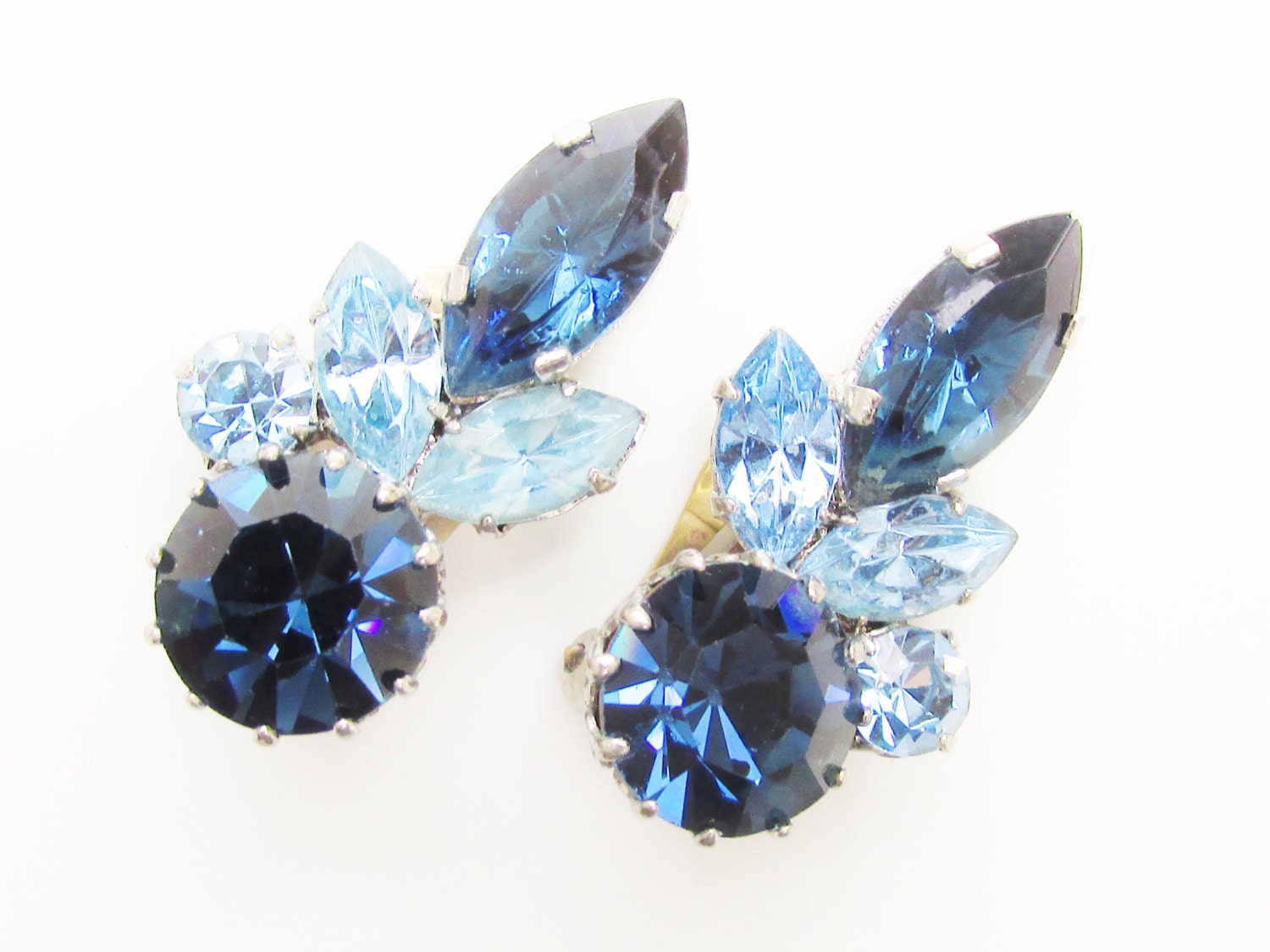 Vintage Austria Blue Rhinestone Earrings Clip on signed