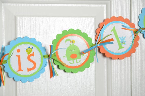 Monster Name Banner, Monster Banner, Birthday Party, Monster Theme, Turquoise, Orange and Lime Green Il_570xn