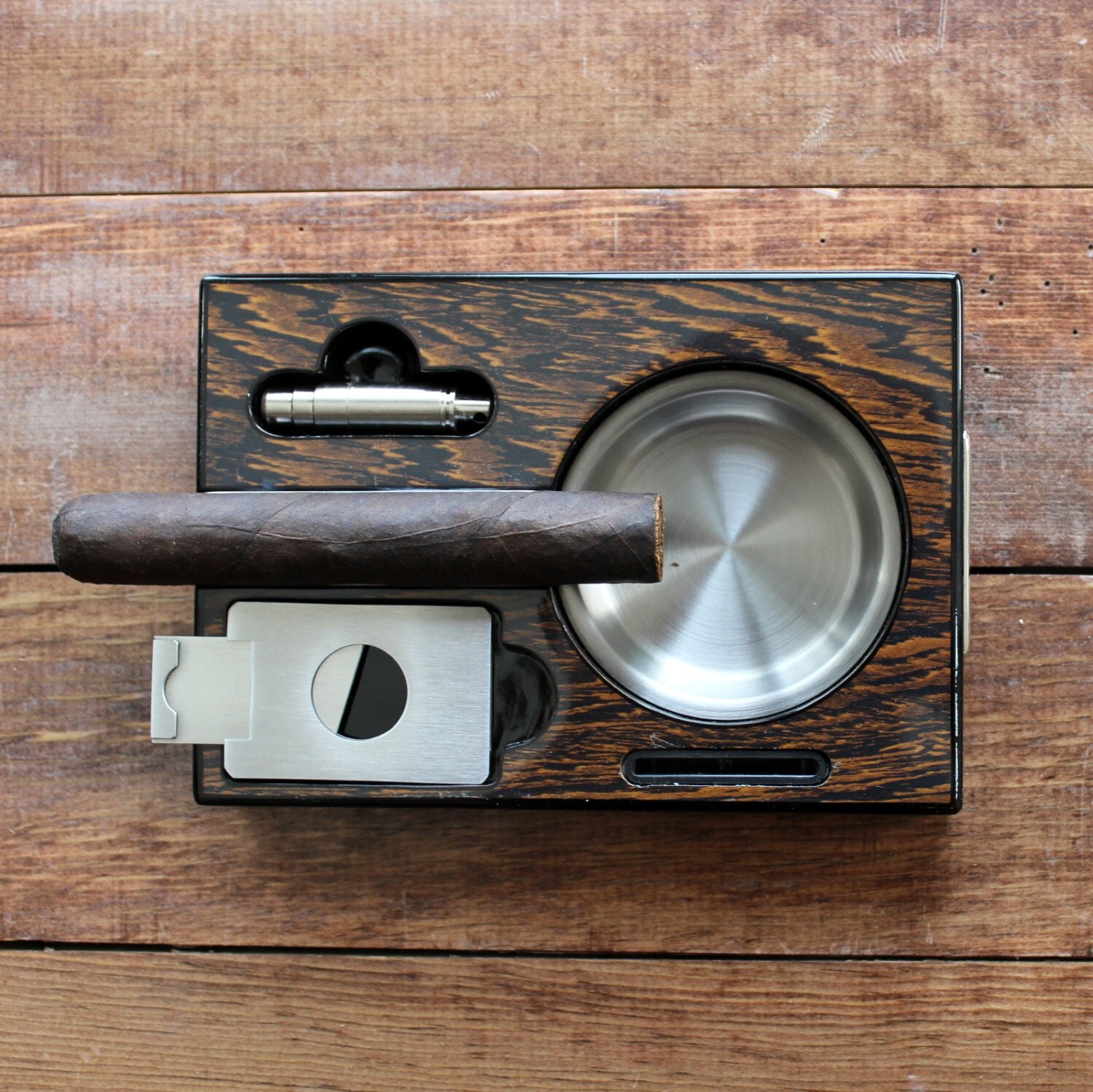 Cigar Cutter and Ashtray Drawer Set Polished Iron Wood