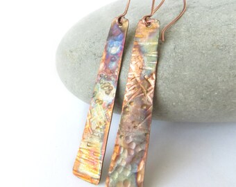 Copper Earrings, Long Copper Earrings, Copper Anniversary Gift, Flame Painted Earrings, Textured Copper, Rustic Earrings, UK Sellers Only