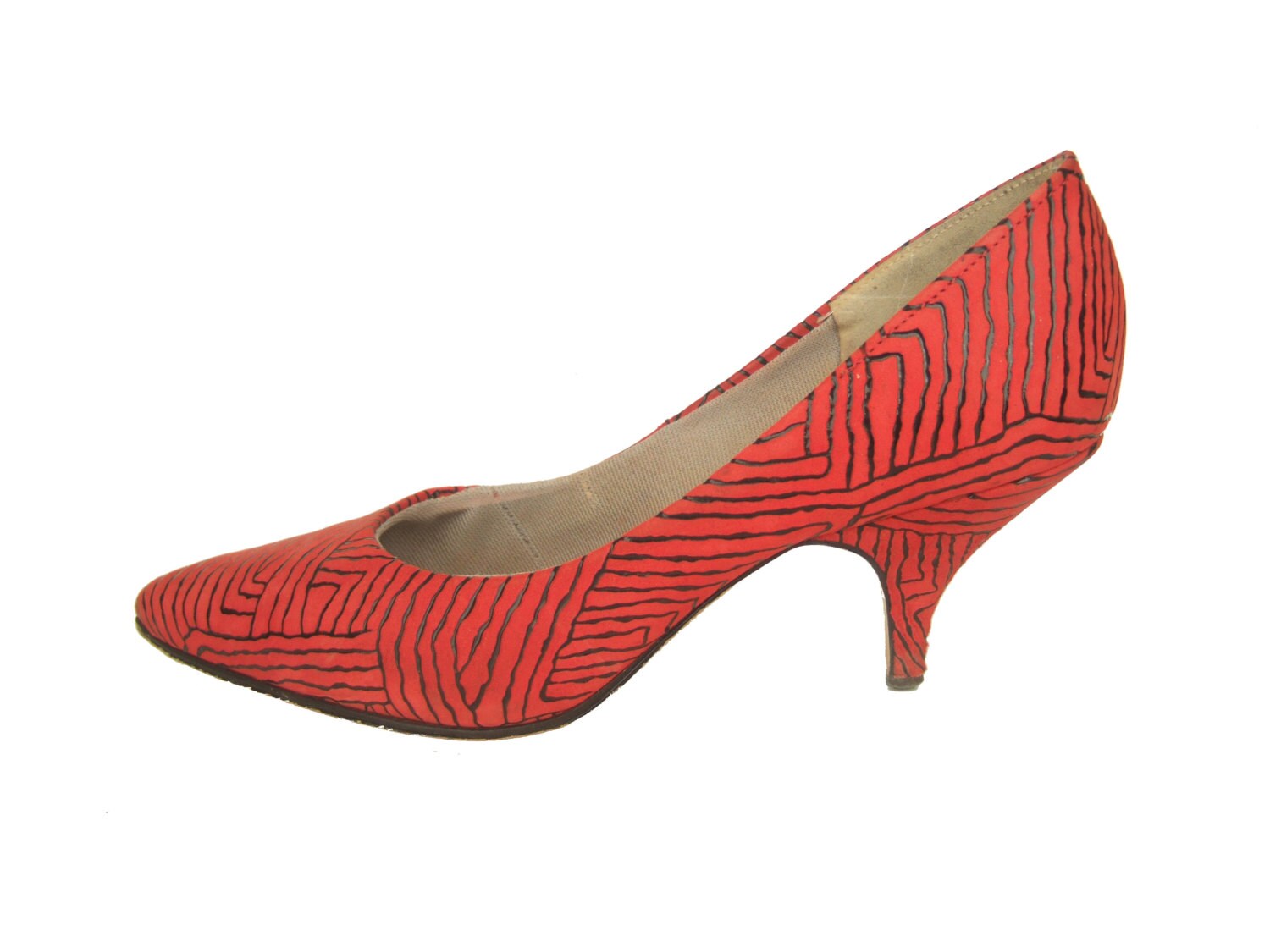 UK 4 Vintage 80s red leather zebra print court shoes pointed