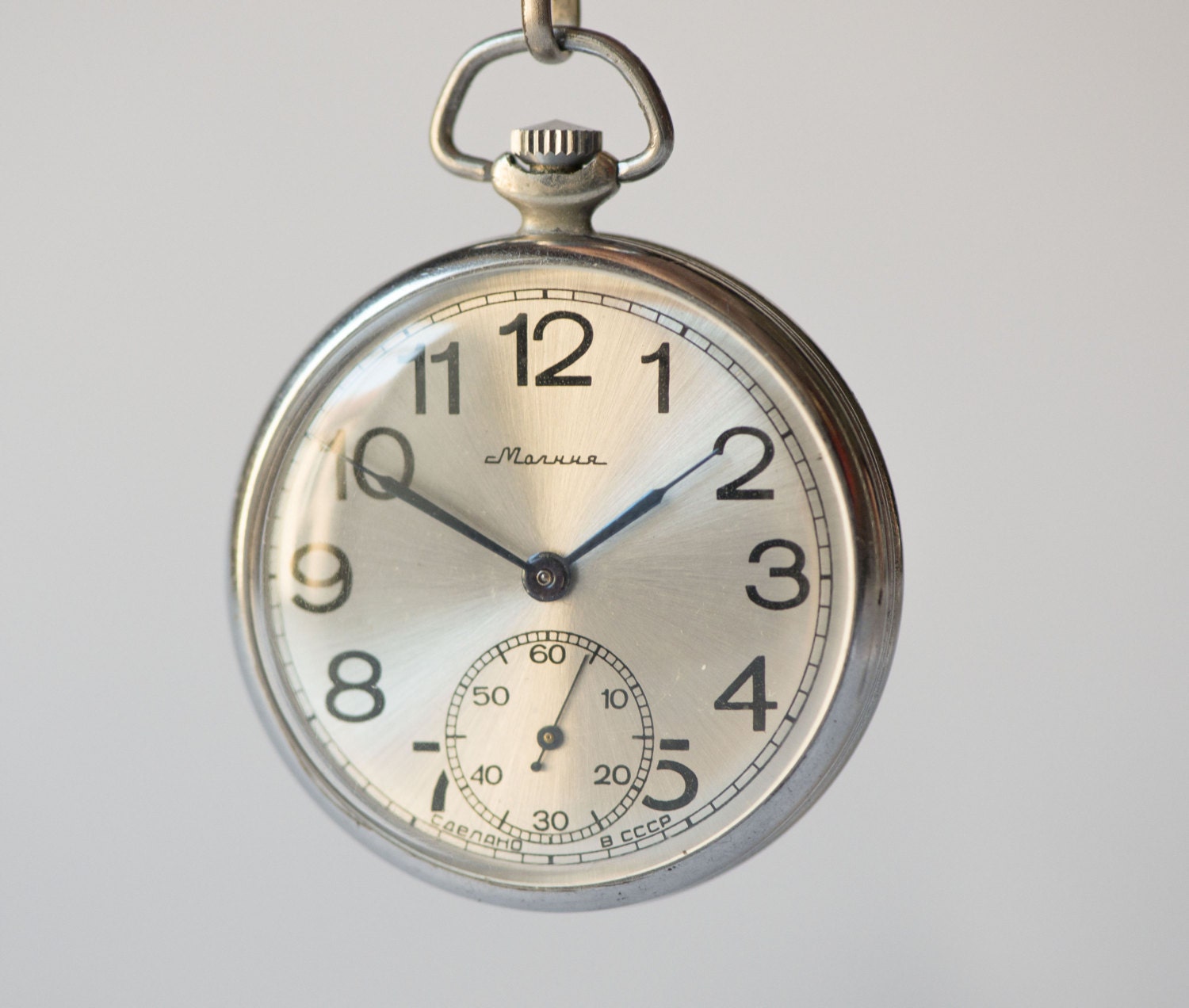 Retro men’s pocket watch, Molnija\ Lightning sleek silver shade pocket