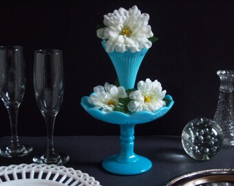 Blue Milk Glass - Portieux Turquoise Blue Milk Glass Epergne- Milk Glass Centerpiece - Wedding Milk Glass - Something Blue