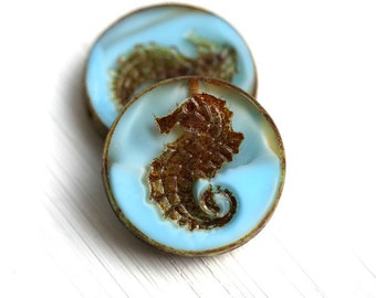 Seahorse czech beads - Mixed Blue Picasso glass beads, round flat tablet shape beads - 23mm - 2Pc - 1700