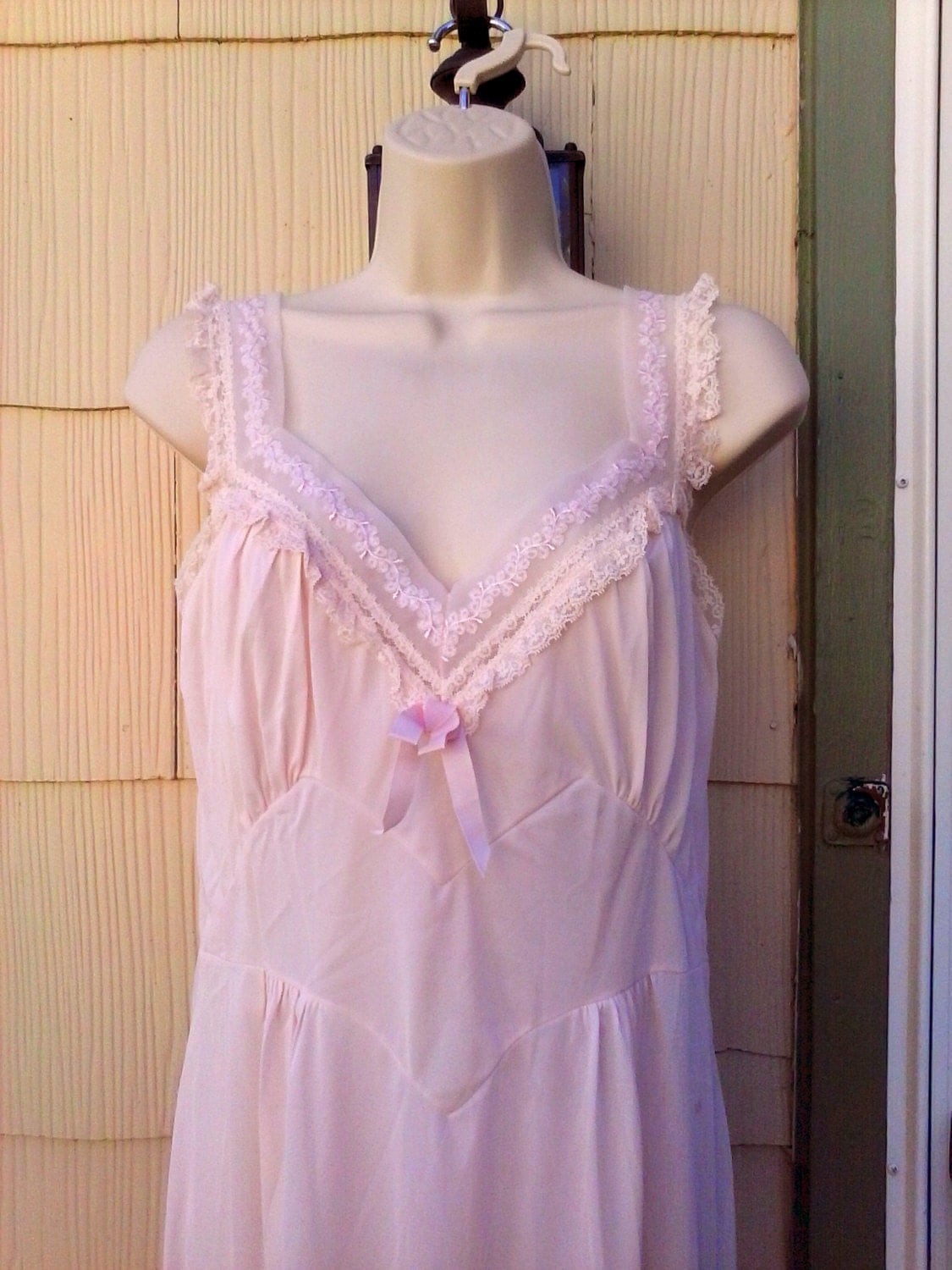 Vintage 1940s 40s Nightgown Lingerie Pink Lace Nylon Pin Up