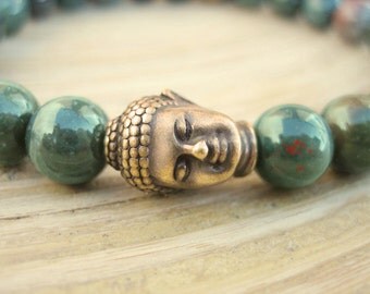 Mens Buddha Bracelet - Mens Bloodstone Bracelet with Rudraksha Seed Mala Bead and Brass Buddha, Blessed Bracelet for Healing and Courage