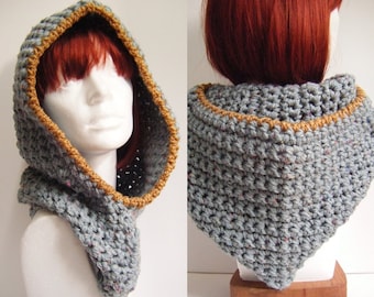 Crochet Hood Cowl in Green Grey Winter Fashion Snood