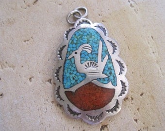 Zuni roadrunner pendant with turquoise and coral