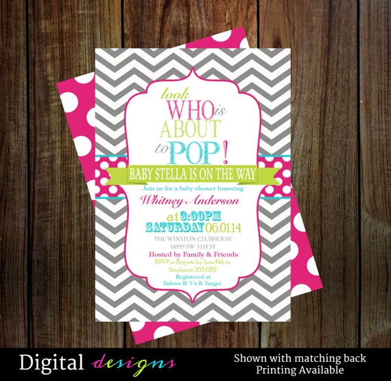 Girls baby shower invitations - about to pop baby girl shower invite with hot pink, lime printable, digital file Il_570xn