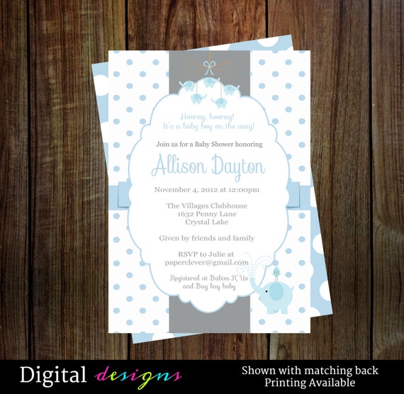 Boys baby shower invitations with elephant in blue and gray digital file, printable NO.130L Il_570xn
