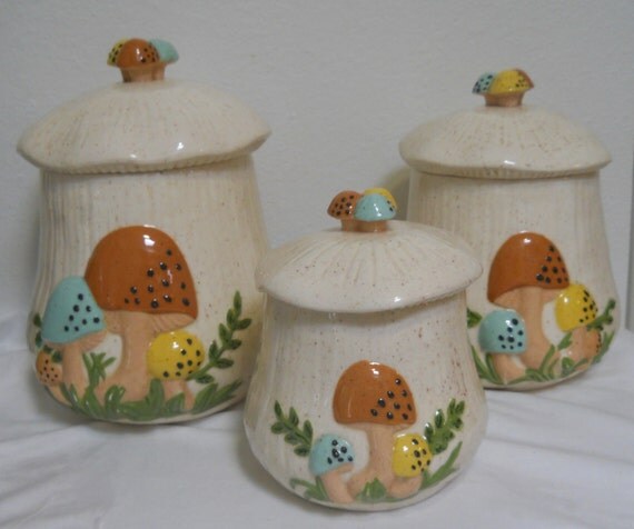 Vintage Ceramic Mushroom Canisters Set of 3 Yellow by cyndalees