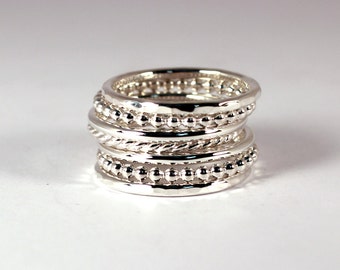 Mixed Stacking Set, 7 Rings, Sterling Silver, Made to Order