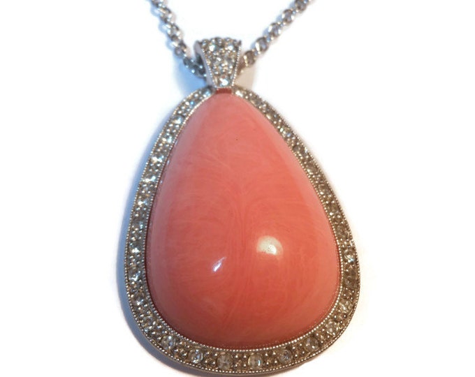 FREE SHIPPING Avon Pale Fire pendant from 1974 with coral peach marble colored tear drop cabochon with silver chain and rhinestone edging