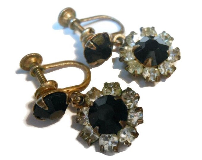 R.L. Griffith rhinestone dangle earrings black and clear prong set signed and marked sterling