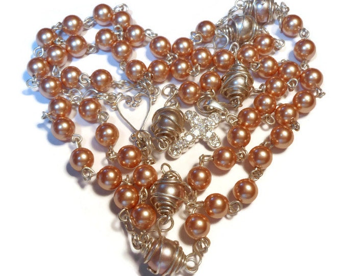 FREE SHIPPING Sterling rosary beads, sterling silver Catholic rosary, wire wrapped with Swarovski rose gold glass pearls