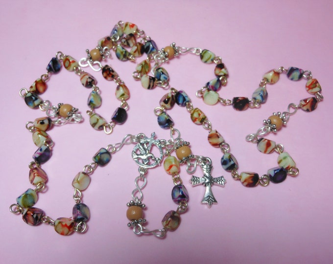 Acrylic shell rosary 'Joyful Prayer' colorful mother of pearl look upcycled beads, silver tone cross, silver plate Dove center, free pouch.