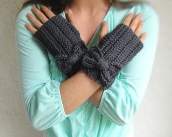 Charcoal Gray Bow Crochet Fingerless Gloves, Handmade Crocheted Women Soft Winter Accessory, Knitted Texting Gloves, Knit Hand Warmers