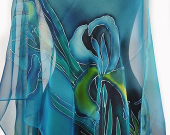 Blue Hand painted silk scarf/Paintng silk scarf/Hand painted long scarf/Painting on silk flowers/Blue flowers silk scarf/Gabyga/S0001