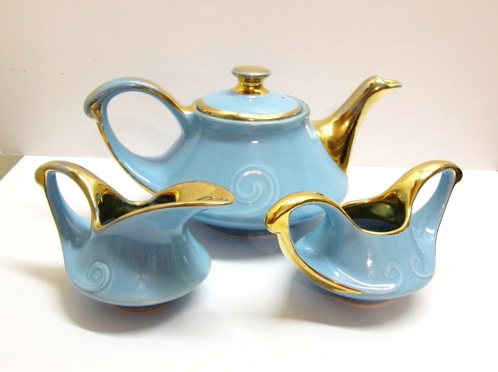 Pearl China Co Aqua Blue 22K Gold Ceramic Teapot by donDiLights