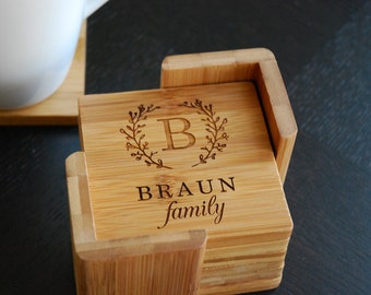 Personalized Coaster Set 6 Custom Engraved Bamboo Coasters "Family Monogram" Unique Wedding Gift, Housewarming Gift
