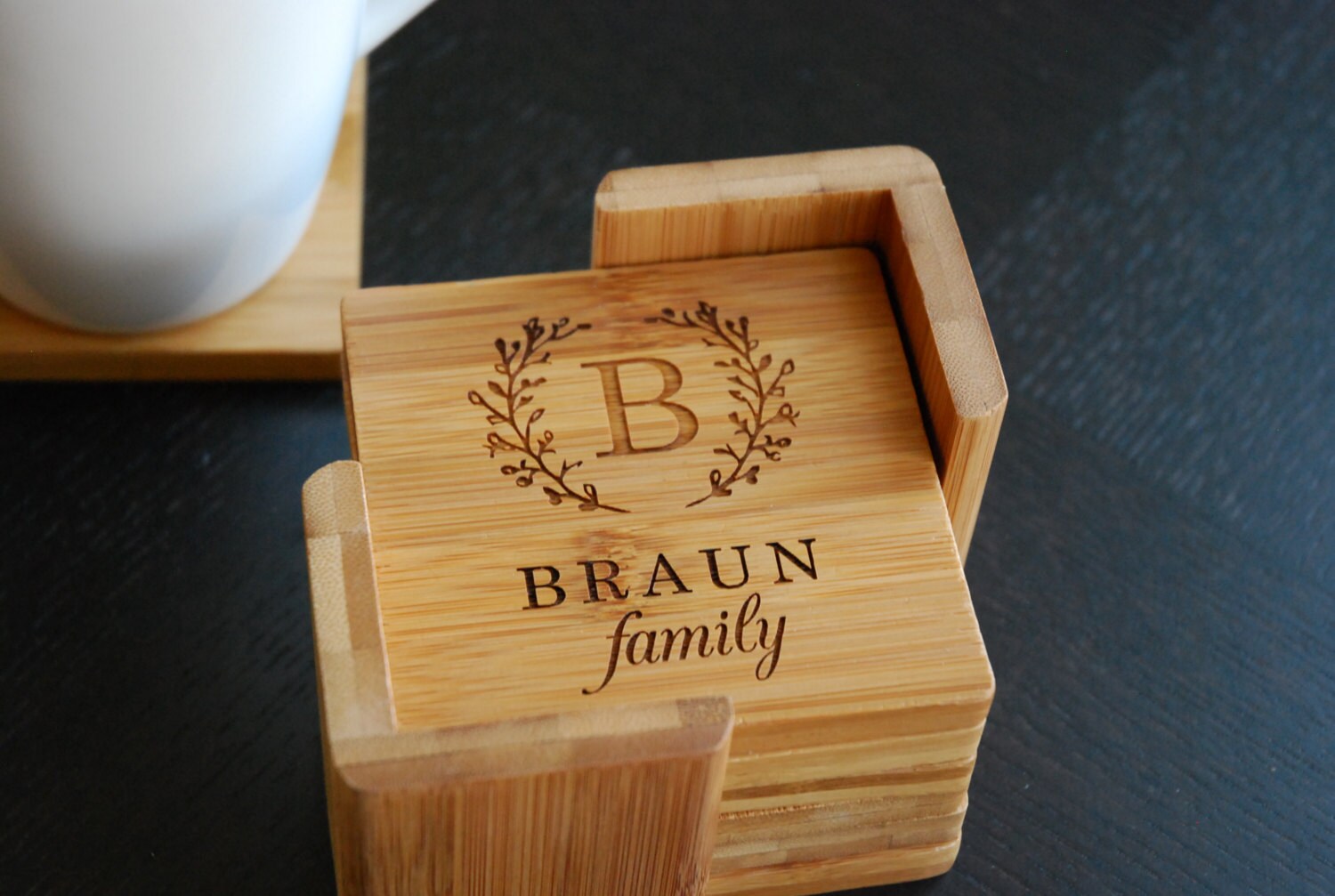 Personalized Coaster Set 6 Custom Engraved Bamboo Coasters