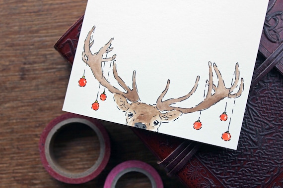 Set of 12 - Hand Drawn Christmas Card - Deer Xmas Card - Holiday Card - Animal Greeting Card