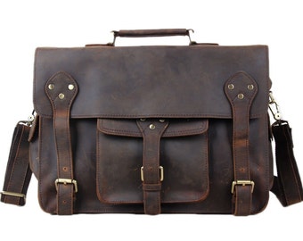 15'' Handmade Genuine Leather Briefcase, Messenger Bag, Laptop Bag ...