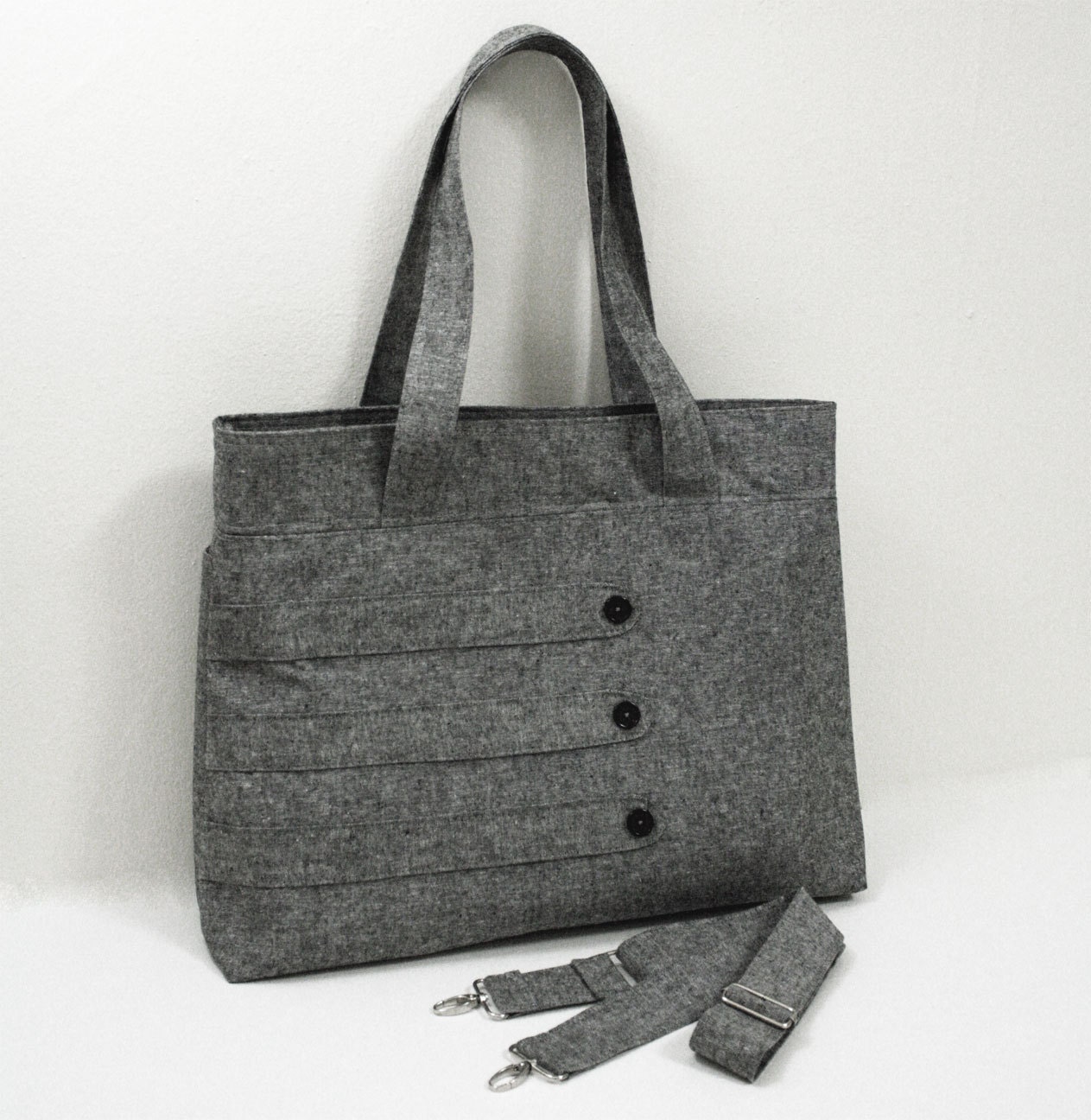 Large deluxe heather gray tote bag with decorative straps