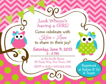 Owl Baby Shower GIrl Invitation Owl Bunting Pink Lime Brown  Baby Shower Owl Girl Invite  Owl 