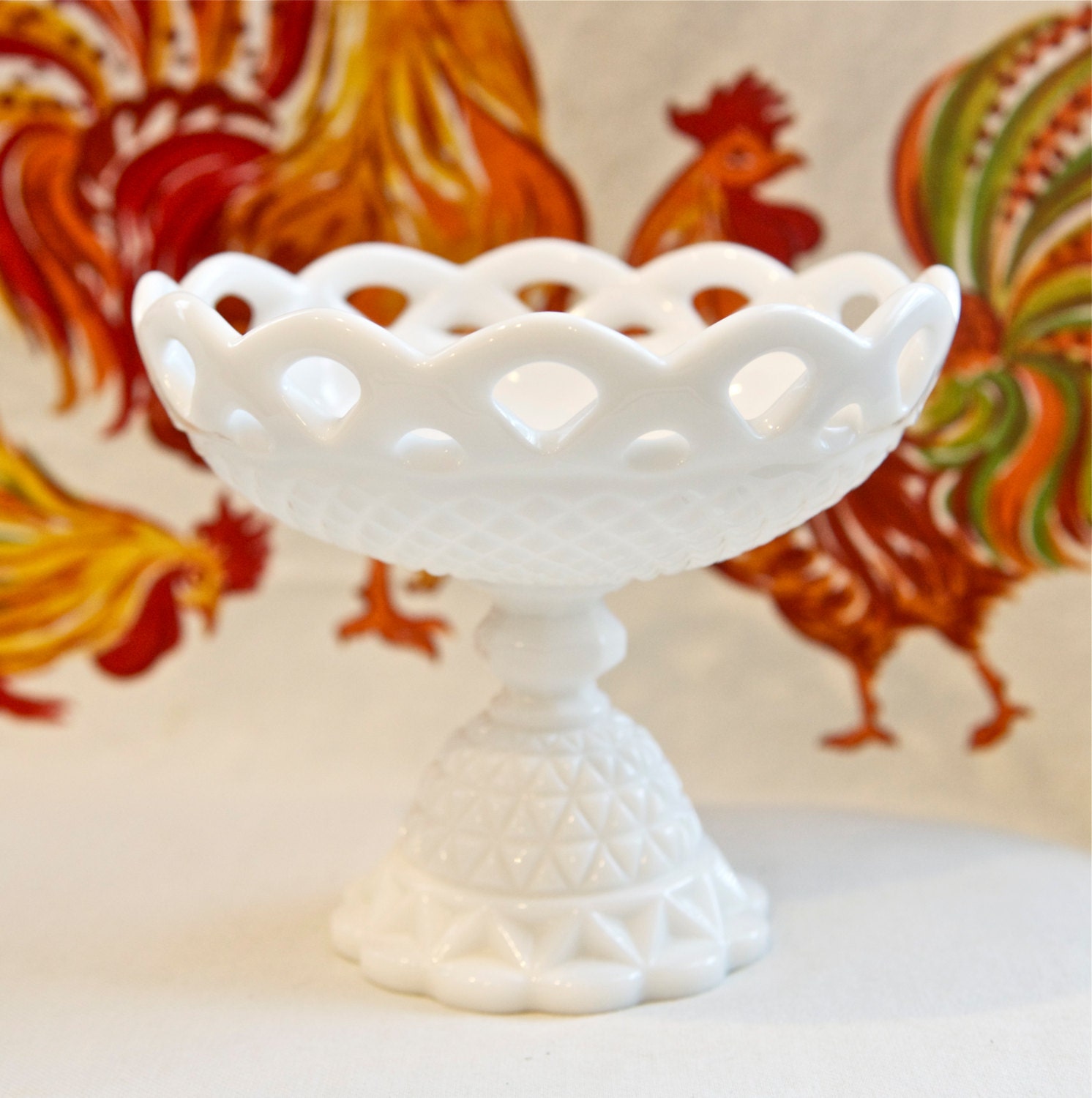 Vintage milk glass compote bowl, footed bowl, pedestal bowl…lace edge