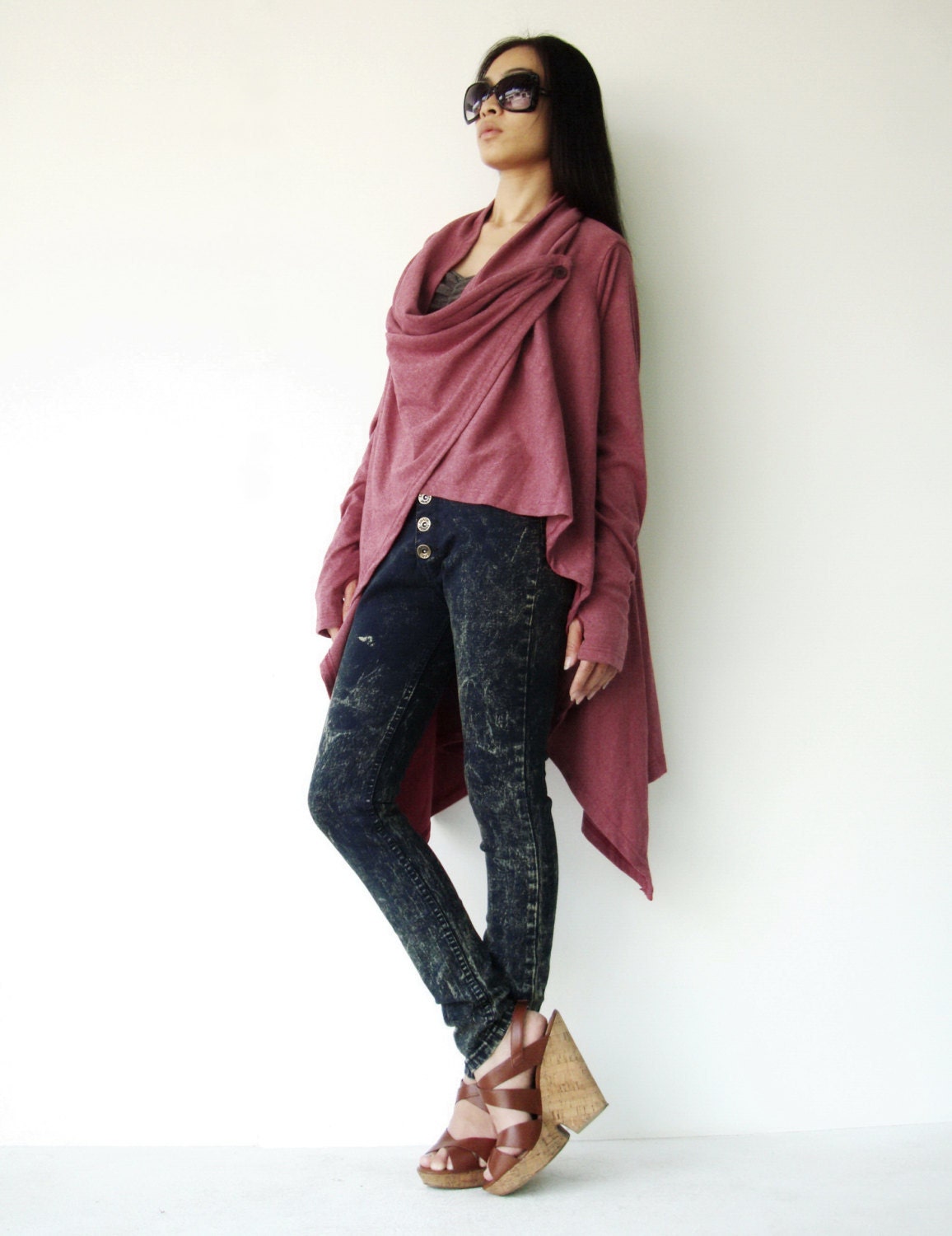 NO.61 Dusty Red Cotton-Blend Jersey Versatility Cardigan Wrap