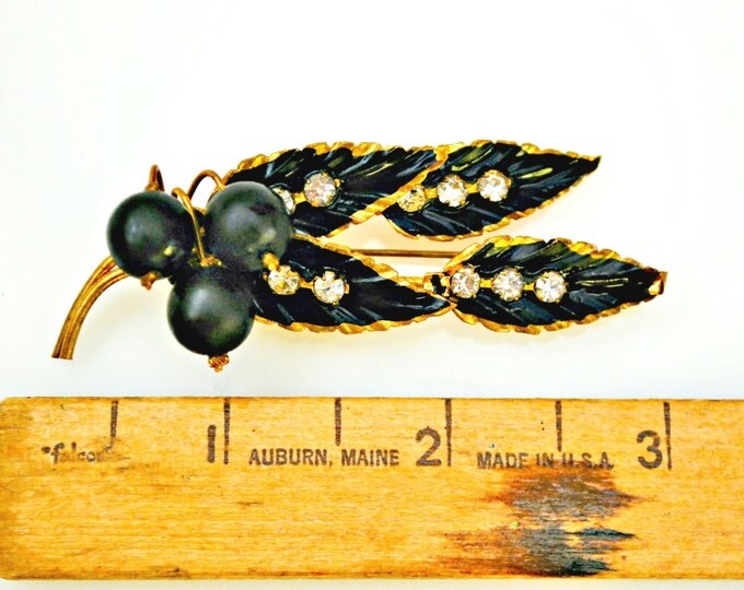 Leaf Brooch - Signed Austria - Rhinestone - Gold metal Black Enamel - crystal - Leaf Pin