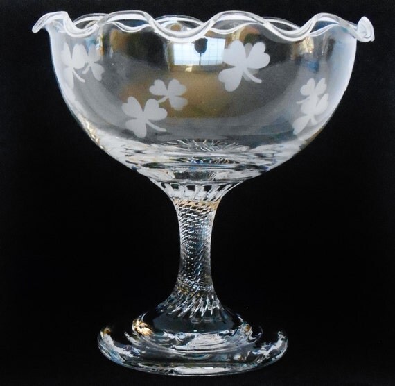 Vintage Eamon Glass Shamrock Hand Etched Fluted Pedestal