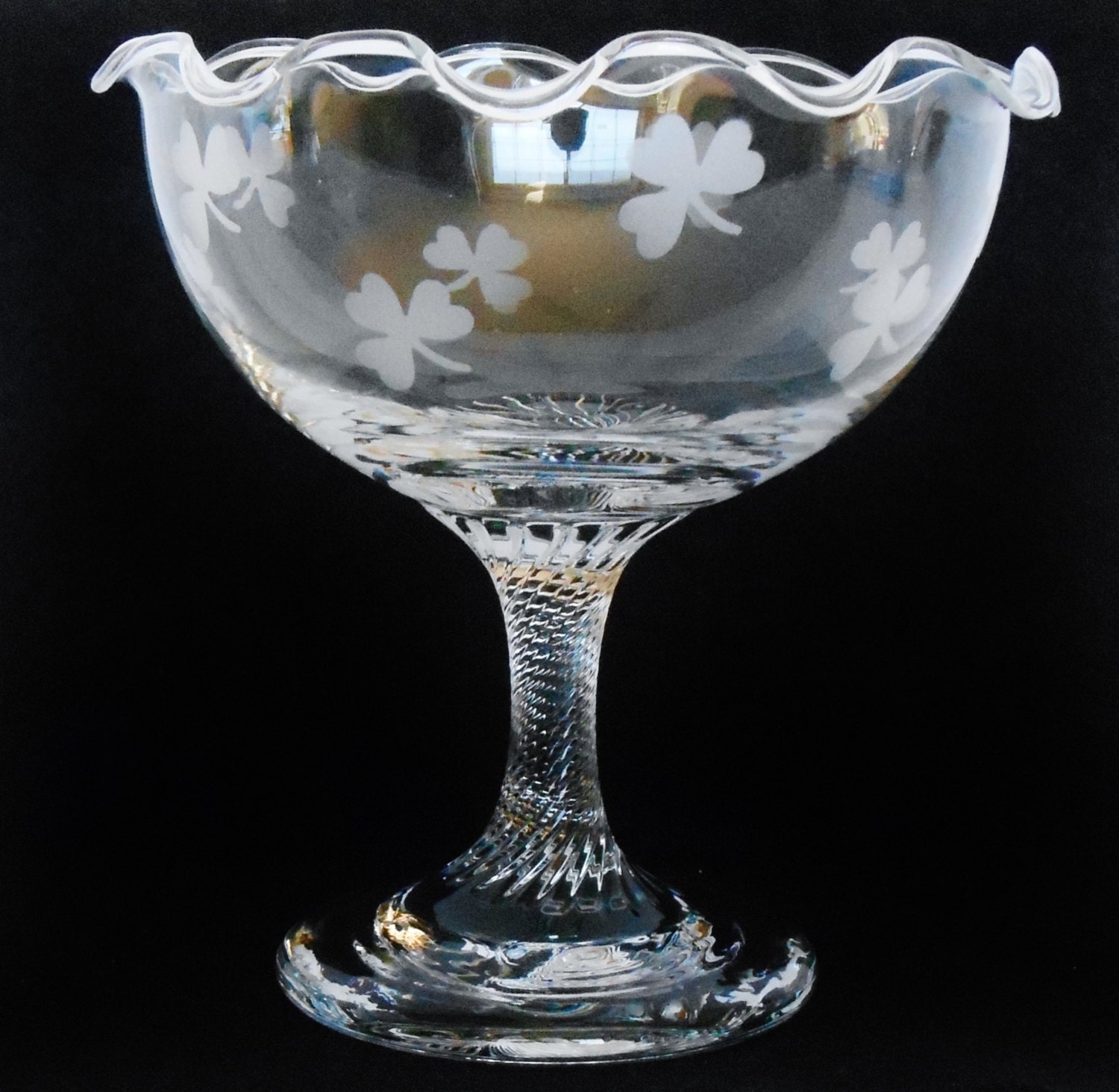 Vintage Eamon Glass Shamrock Hand Etched Fluted Pedestal