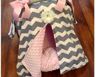 Car seat canopy grey chevron and pink minky